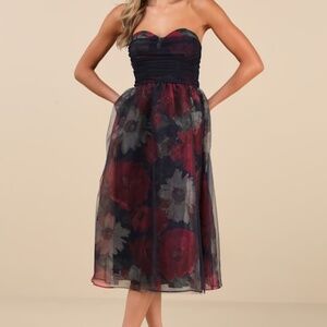 Lulus Splendidly Yours Navy Floral Organza Mesh Strapless Midi Dress Blue